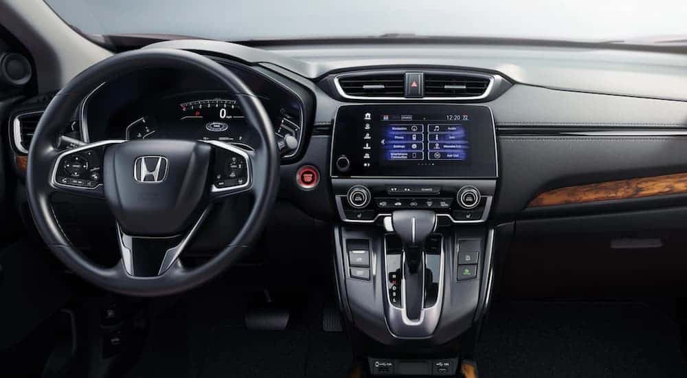 The black interior of a 2020 Honda CR-V is shown.