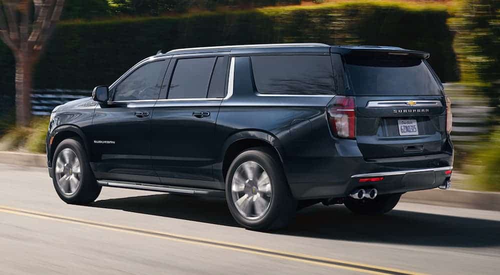 A blue 2021 Chevy Suburban is driving away on a road past blurred trees.