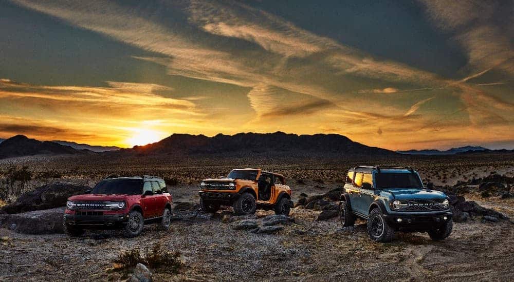 A red Bronco Sport, A yellow Bronco 2-door and a gray Bronco 4-door are parked in a desert at sunset.