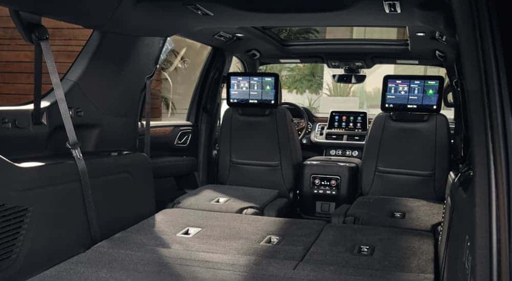 The black interior is shown on the 2021 Chevy Suburban High Country.