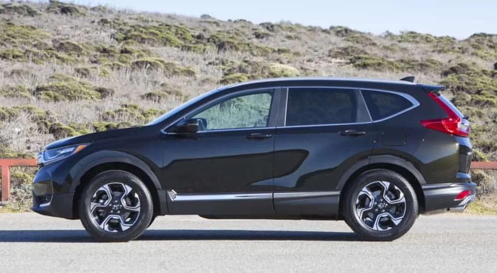 A blue 2019 used Honda CRV is shown in a profile view parked near some scrub grass.