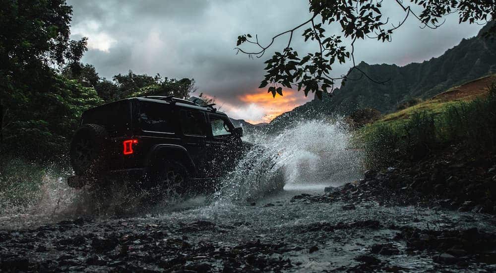 A black 2020 Jeep Wrangler Unlimited is splashing through the water in the woods at sunset.