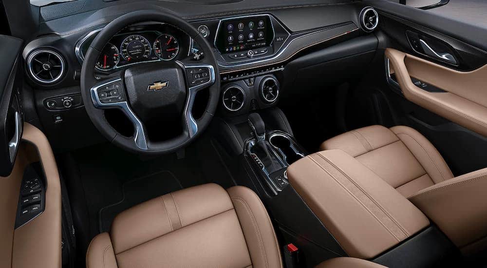 The black and tan interior is shown on the 2021 Chevy Blazer.