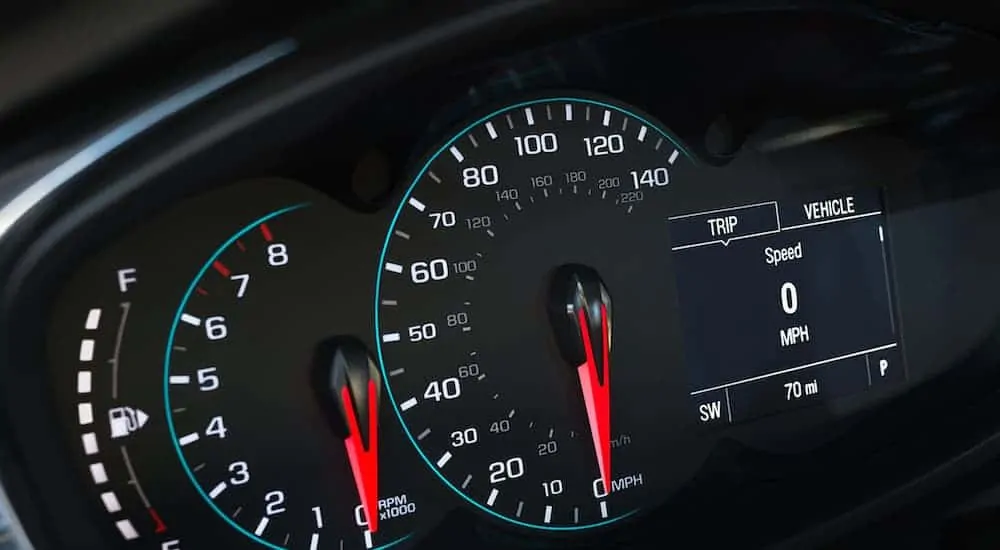 The gauge cluster is shown in the 2021 Chevy Trax.