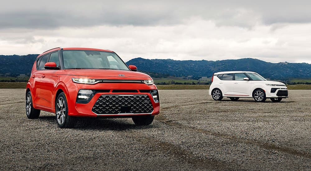 A red and a white 2021 Kia Soul are parked on an open stretch of asphalt.