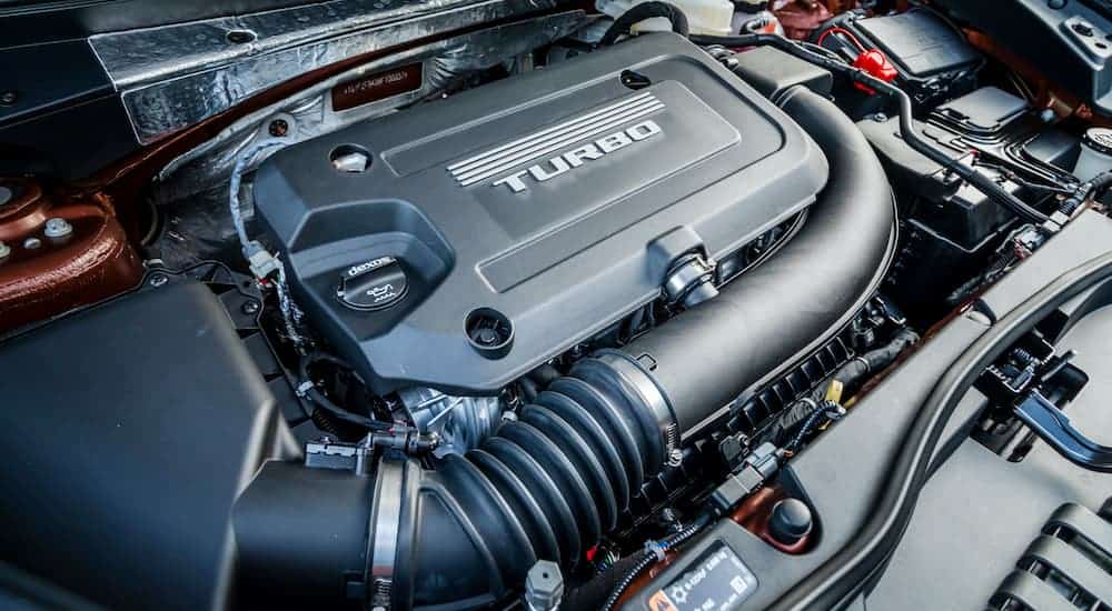 A close up of the turbocharged engine is shown on a 2019 used Cadillac XT4.