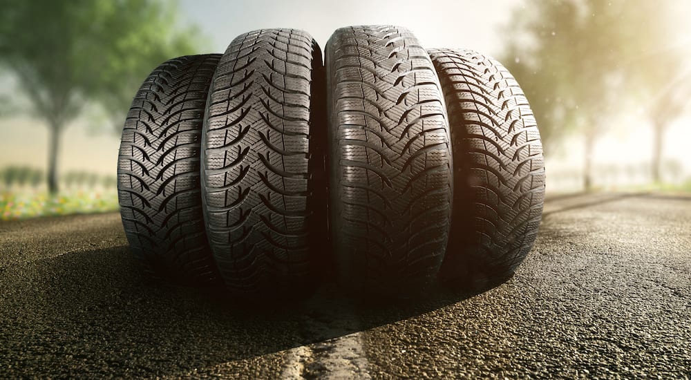 Tires lined up on a summer road