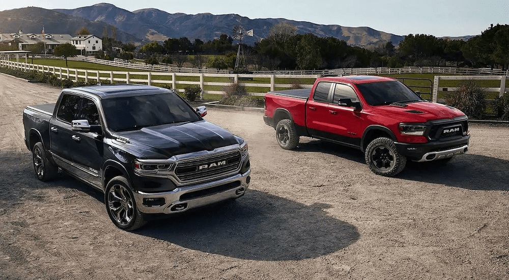 A red 2019 Ram 1500 and a black 2019 Ram 1500 are parked at a farm.