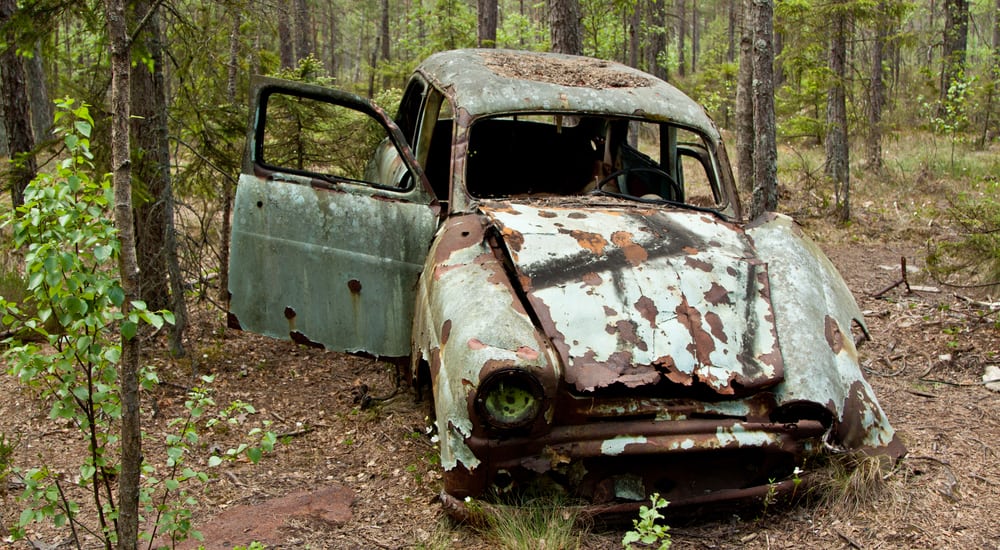 Old rusted mint-green car with the passenger door open, parked in the woods