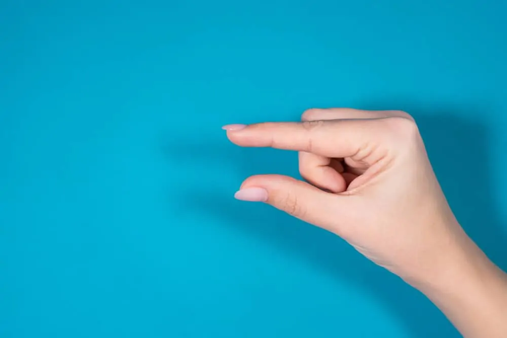 Closeup top view horizontal photography of female hand forming gesture Little bit. Empty space between two fingers of woman. Isolated on bright blue background.