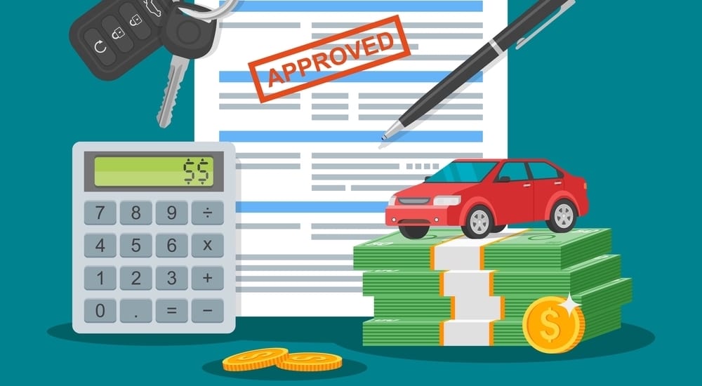 Approved car loan vector illustration. Buying car concept. Auto keys, car model, money, application form.