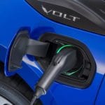 Closeup of dark blue 2016 Chevy Volt charging plug
