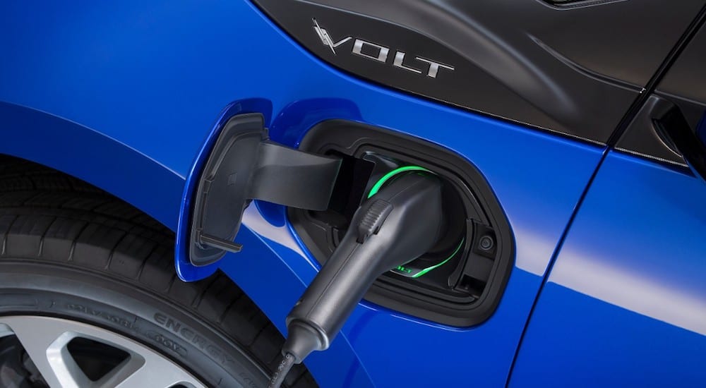 Closeup of dark blue 2016 Chevy Volt charging plug