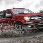 Red 2019 Ford F150 driving through mud