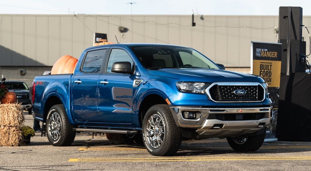 A blue 2019 Ford Ranger demo for the new model
