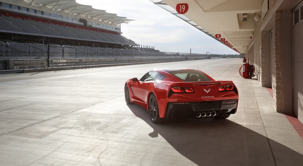 A red 2019 Chevy Corvette parked on a race track