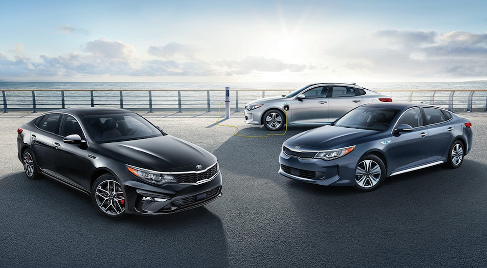 A black and a grey 2019 KIA Optima are parked in front of a silver plug in Optima with the ocean behind them.