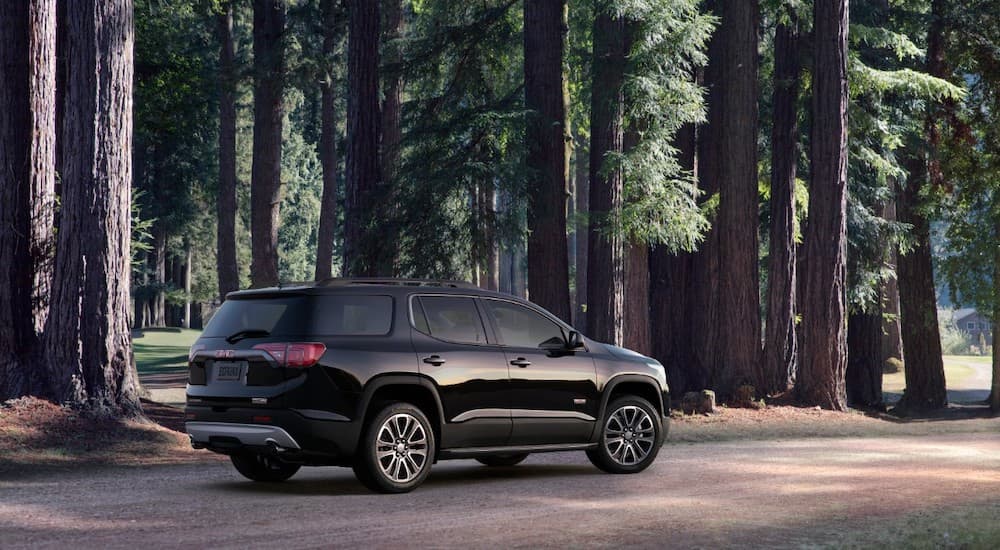 A black 2019 GMC Acadia is parked in front of tall trees in the forest.