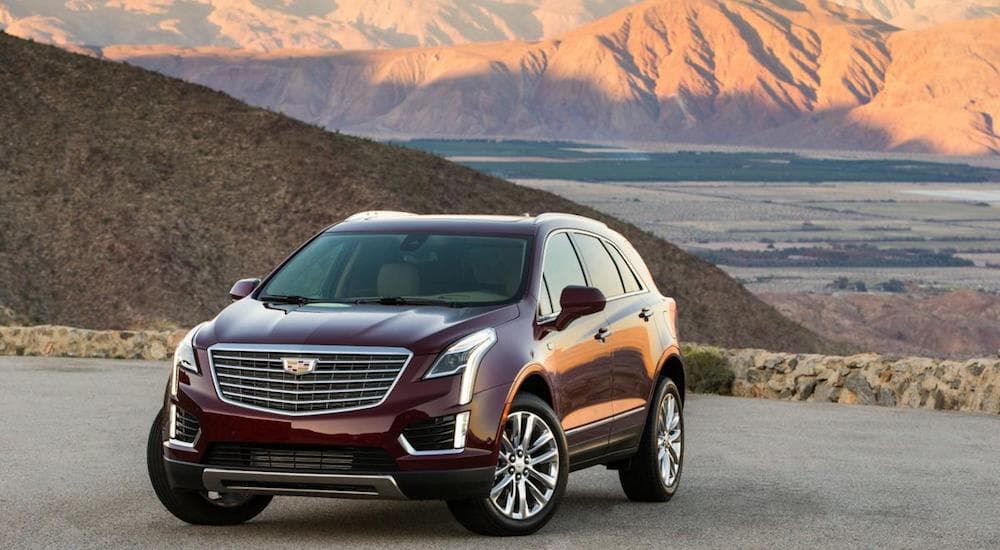 A maroon 2019 Cadillac XT5 with mountains and fields in the background.