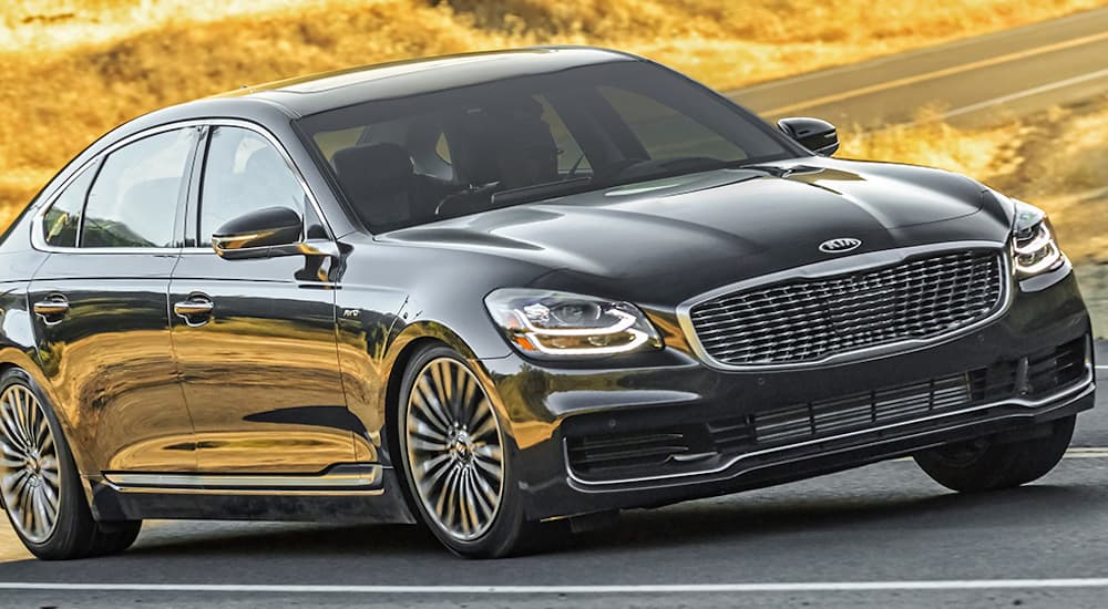 A black 2019 Kia K900 is driving past yellow grass.