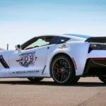 The white Corvette Z06 Indy 500 Pace Car from 2015, which you cannot get from a Chevy dealership, is shown on the track.