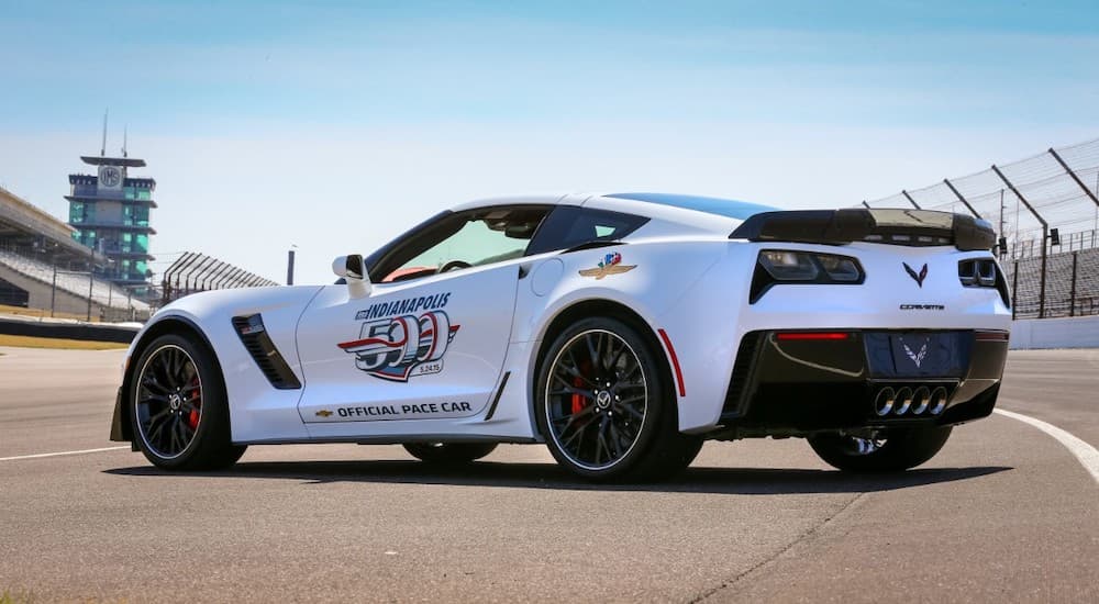The white Corvette Z06 Indy 500 Pace Car from 2015, which you cannot get from a Chevy dealership, is shown on the track.