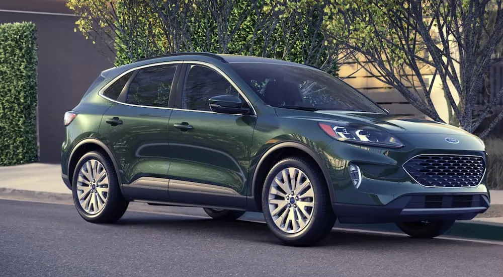 A green 2020 Ford Escape is parked on the side of a neighborhood street.