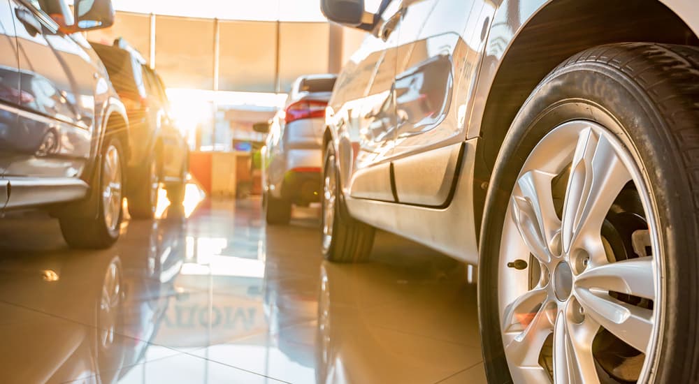 Used cars for sale are shown at a dealer.