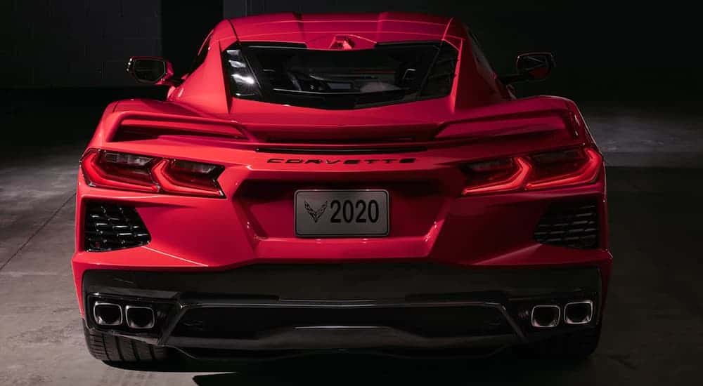A look at the rear end of a red 2020 Chevy Corvette is shown.