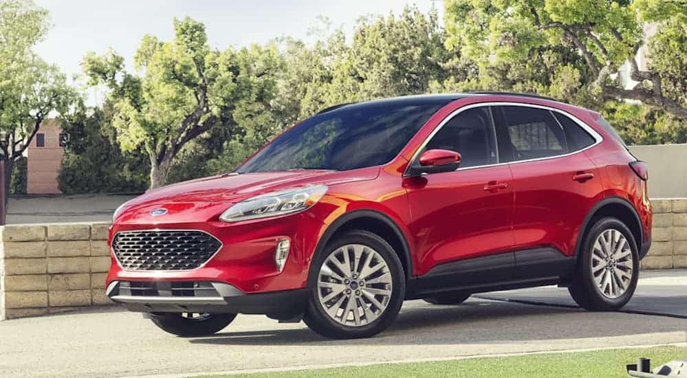 A red 2020 Ford Escape is parked in a driveway on a sunny day.