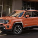 An orange 2020 Jeep Renegade is parked in front an office building.