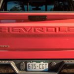 The red tailgate of a 2020 Chevy Silverado is shown.