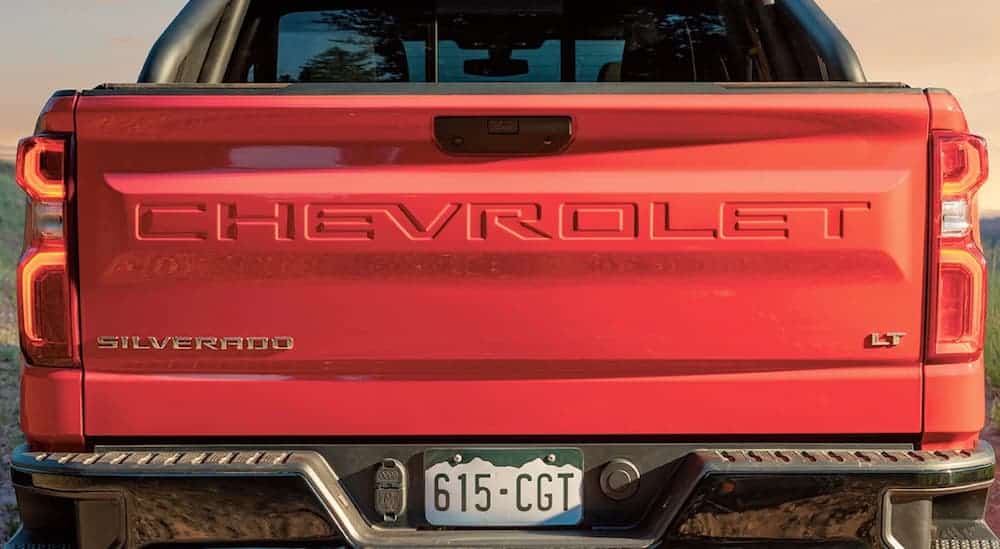 The red tailgate of a 2020 Chevy Silverado is shown.