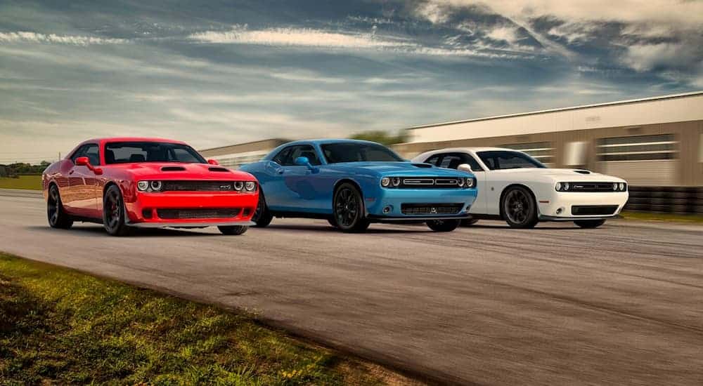 A red, a blue, and a white 2020 Dodge Challenger are racing in a line.
