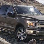 A grey 2020 Ford F-150 is parked in a grassy field with mountains in the background.