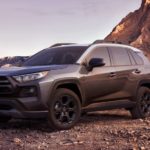 A grey 2020 Toyota RAV4 is parked on a dirt trail with mountains in the distance.