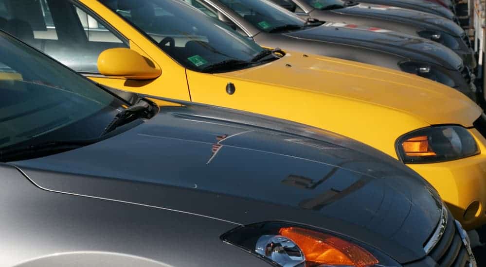 A row of used cars are parked at a dealership.