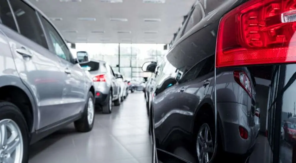 A row of SUVs are parked in a dealership's showroom.