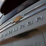 The 2021 Chevy Suburban badging is shown on the liftgate.
