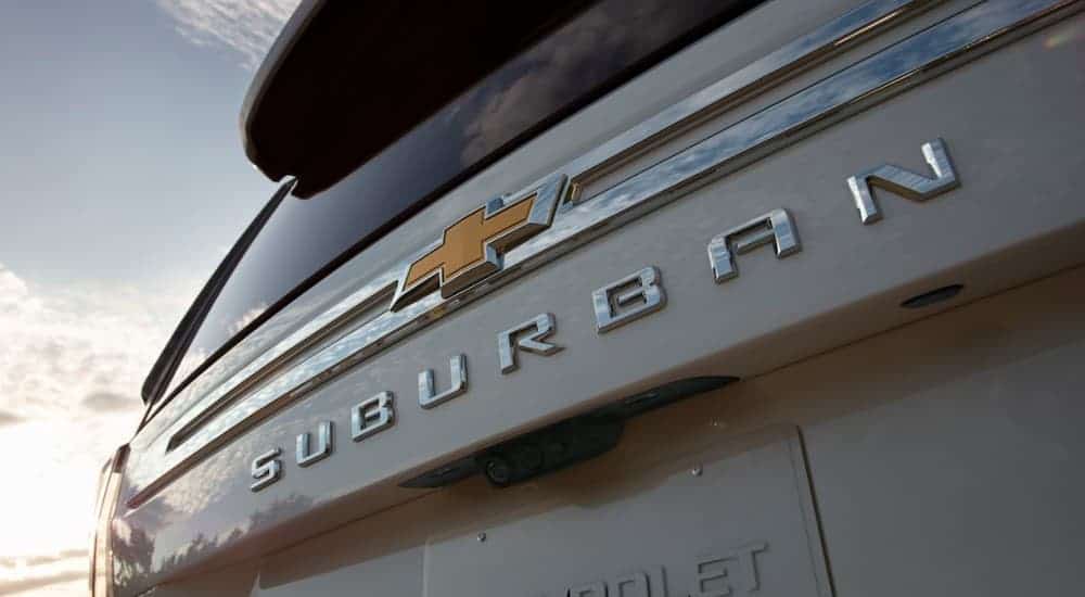 The 2021 Chevy Suburban badging is shown on the liftgate.