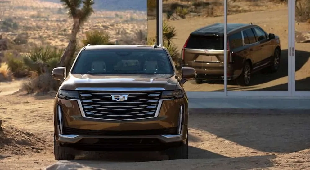 A brown 2021 Cadillac Escalade, which is soon to be a popular option at your local Cadillac dealership, is parked in the desert in front of a mirror.