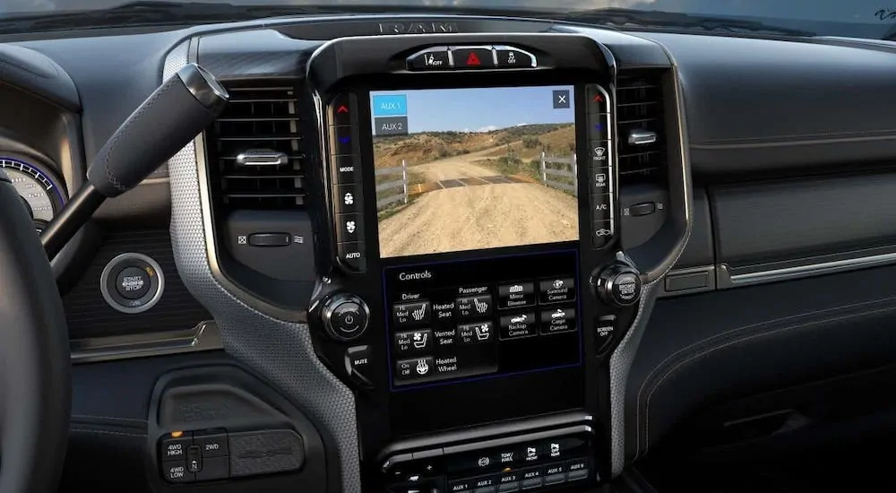 A closeup of the infotainment screen in a 2020 Ram 2500.