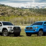 A grey 2020 Toyota Tacoma is parked next to a blue one with hills in the distance.