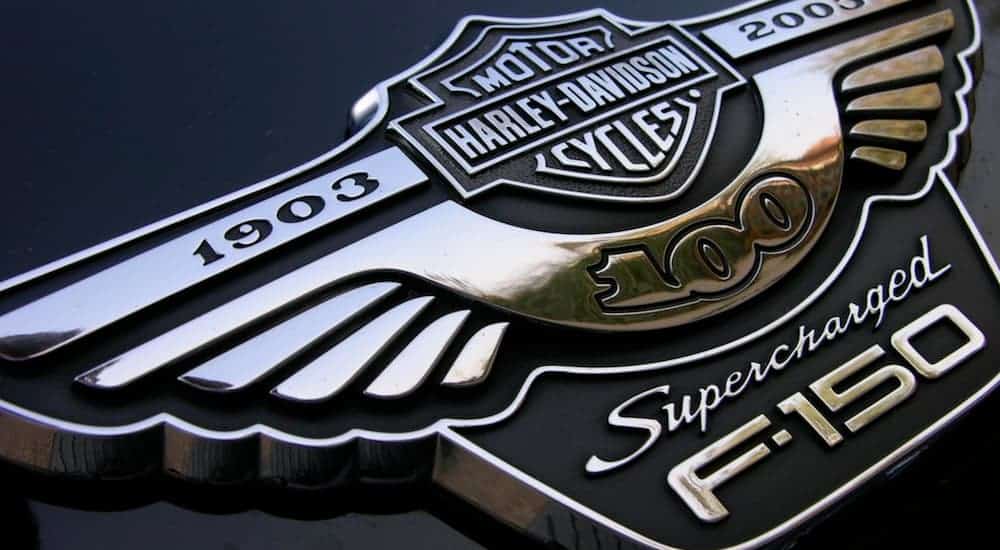 A Harley Davidson Edition emblem that can be found on certain used Ford trucks is shown.