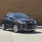 A dark grey 2020 Chevy Trax is parked in front of a wooden wall after winning the 2020 Chevy Trax vs 2020 Buick Encore comparison.