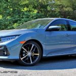 A blue 2020 Honda Civic Hatchback is shown from the front in front of trees.