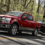 A red 2020 Ford F-150, which is popular among Ford trucks, is towing a boat on a tree-lined road.