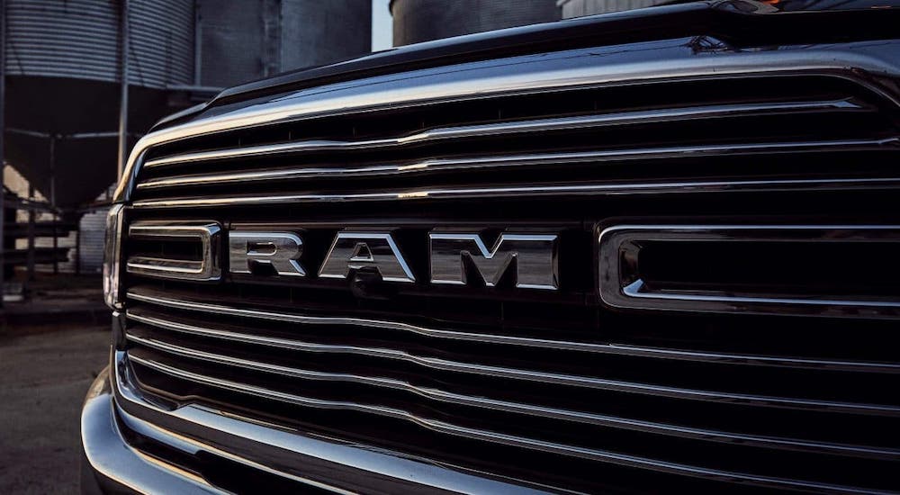 A closeup shows the grille on a 2020 Ram 2500.