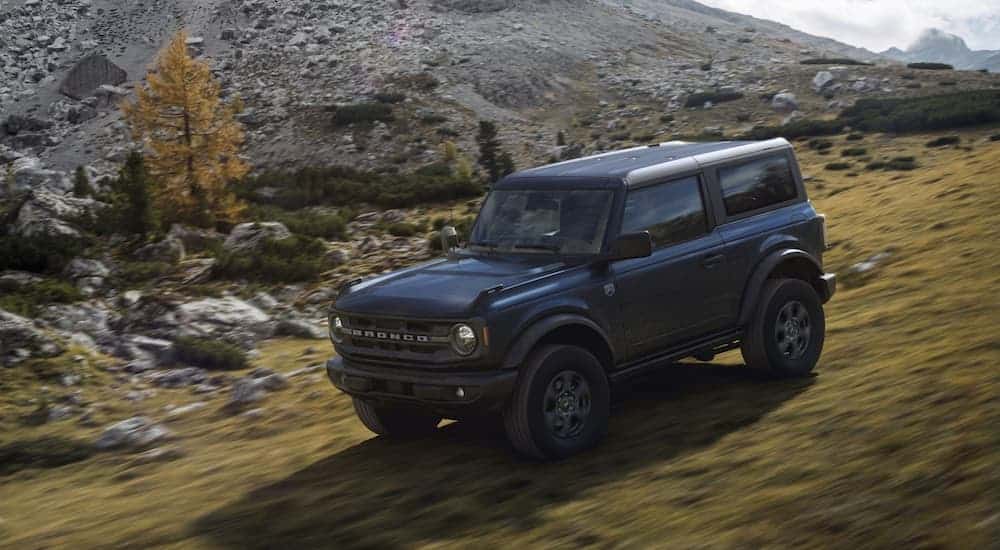 A black 2021 Ford Bronco is off-roading on a grassy trail.