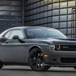 A grey 2018 Dodge Challenger, which is popular among used cars near me, is parked in front of a warehouse.
